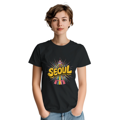Seoul South Korea Unisex Travel T-Shirt on wooden background with world map, passport, and boarding pass