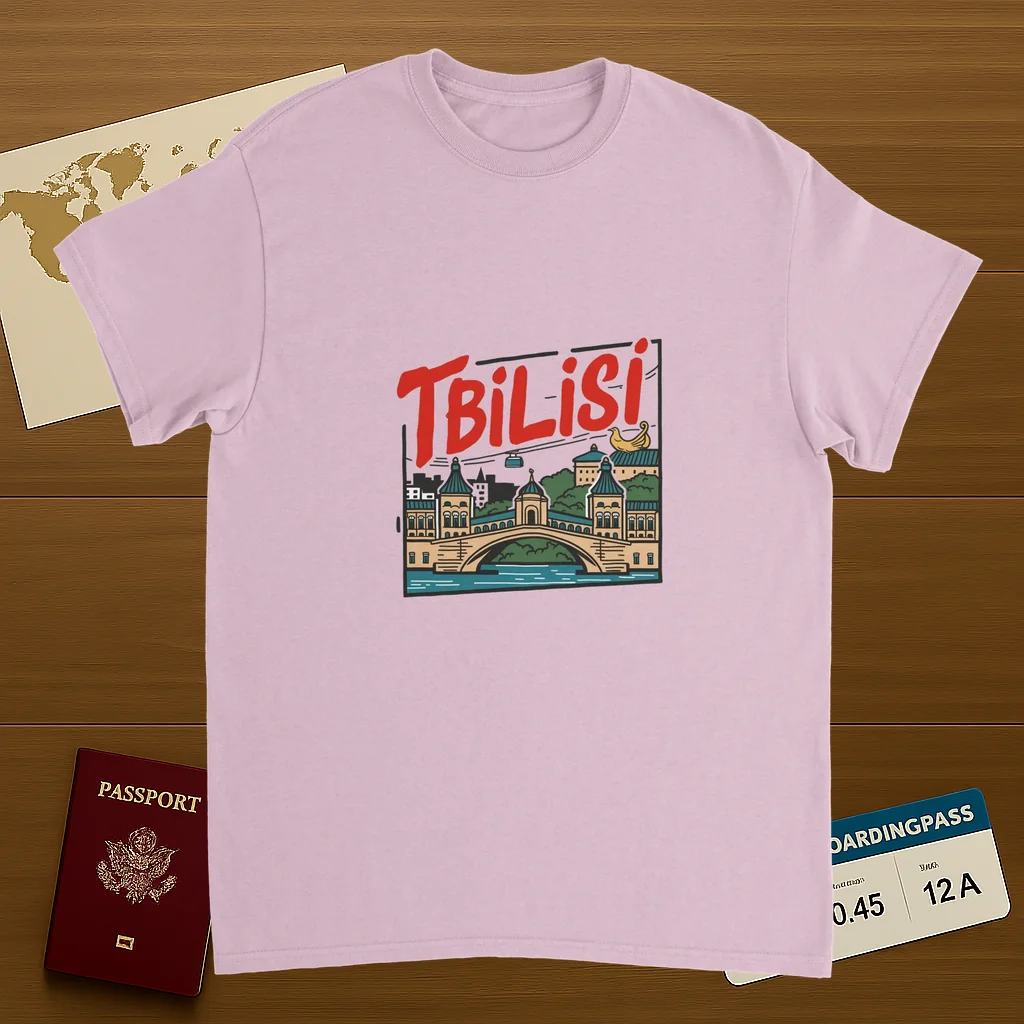 light pink Tbilisi Georgia Unisex Travel T-Shirt on wooden background with world map, passport, and boarding pass