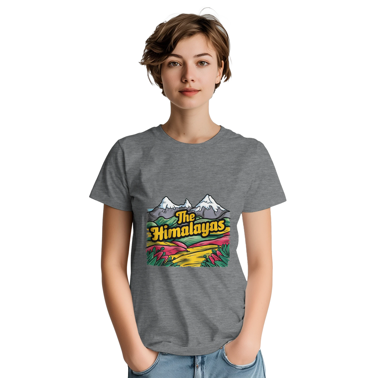 Himalayas Unisex Travel T-Shirt on wooden background with world map, passport, and boarding pass