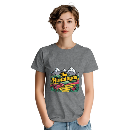 Himalayas Unisex Travel T-Shirt on wooden background with world map, passport, and boarding pass