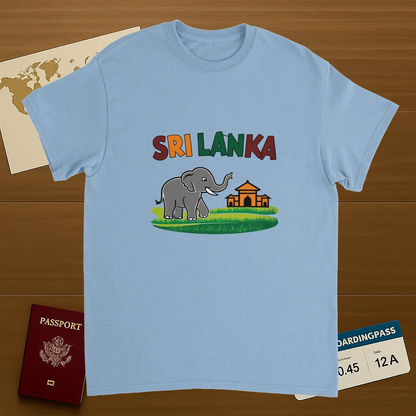 light blue Sri Lanka Unisex Travel T-Shirt on wooden background with world map, passport, and boarding pass