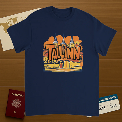 navy Tallinn Estonia Unisex Travel T-Shirt on wooden background with world map, passport, and boarding pass