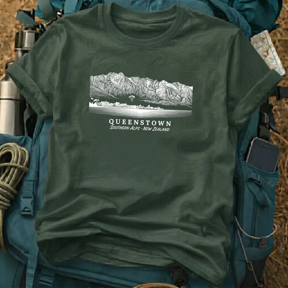 Queenstown New Zealand T-Shirt – Retro Woodcut The Remarkables Graphic Tee