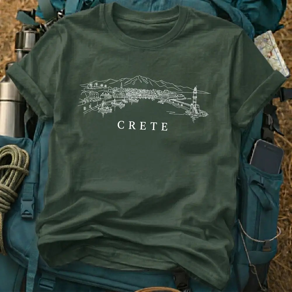 Crete Greece Travel T-Shirt - Chania Venetian Harbor Heavyweight Cotton Tee