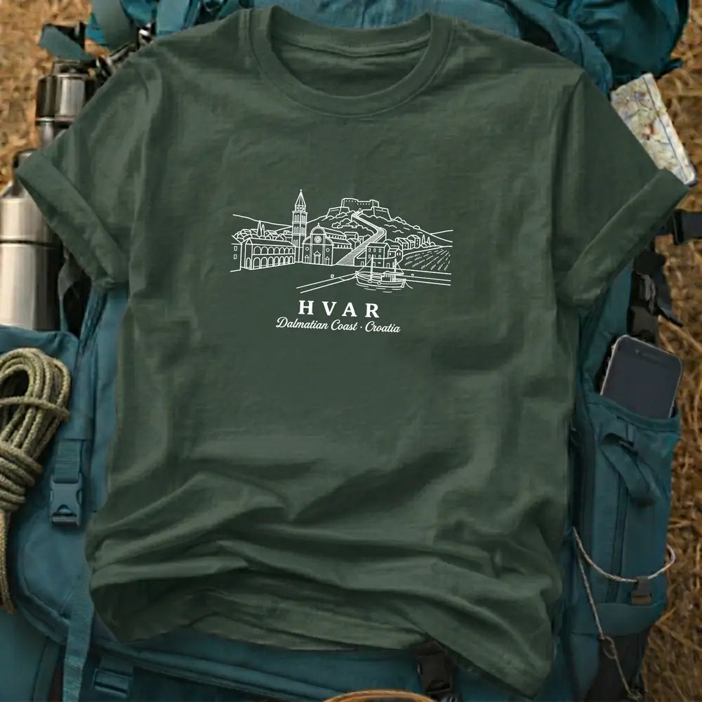 Hvar Croatia T-Shirt – Retro Fine Line Old Town & Harbor Graphic Tee