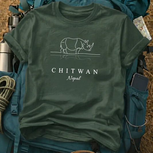 Chitwan Nepal T-Shirt – Minimalist Rhino Continuous Line Art Graphic Tee