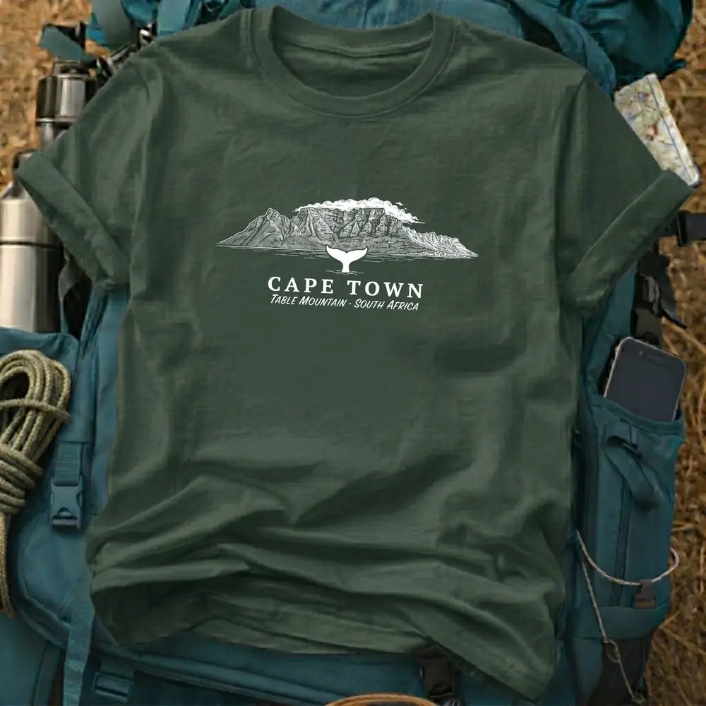 Cape Town South Africa T-Shirt – Retro Woodcut Table Mountain & Whale Graphic Tee