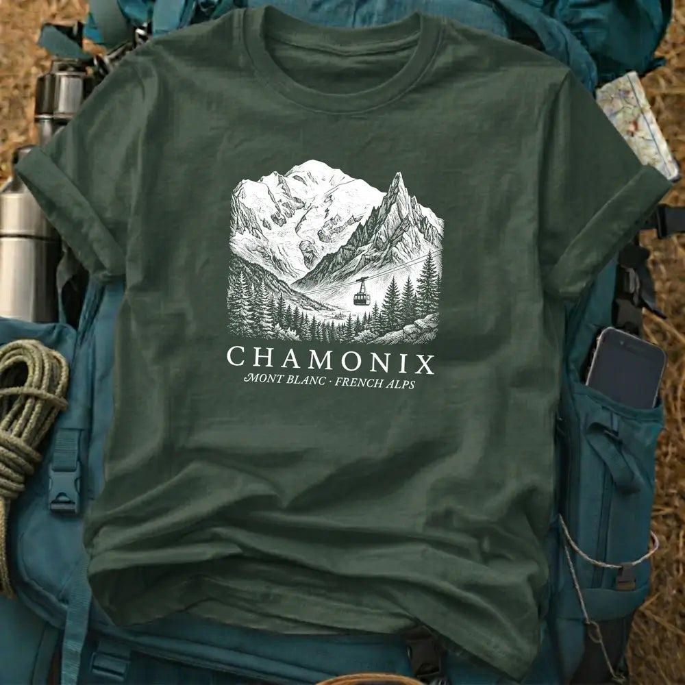 Chamonix France T-Shirt – Retro Woodcut Mont Blanc Cable Car Graphic Tee