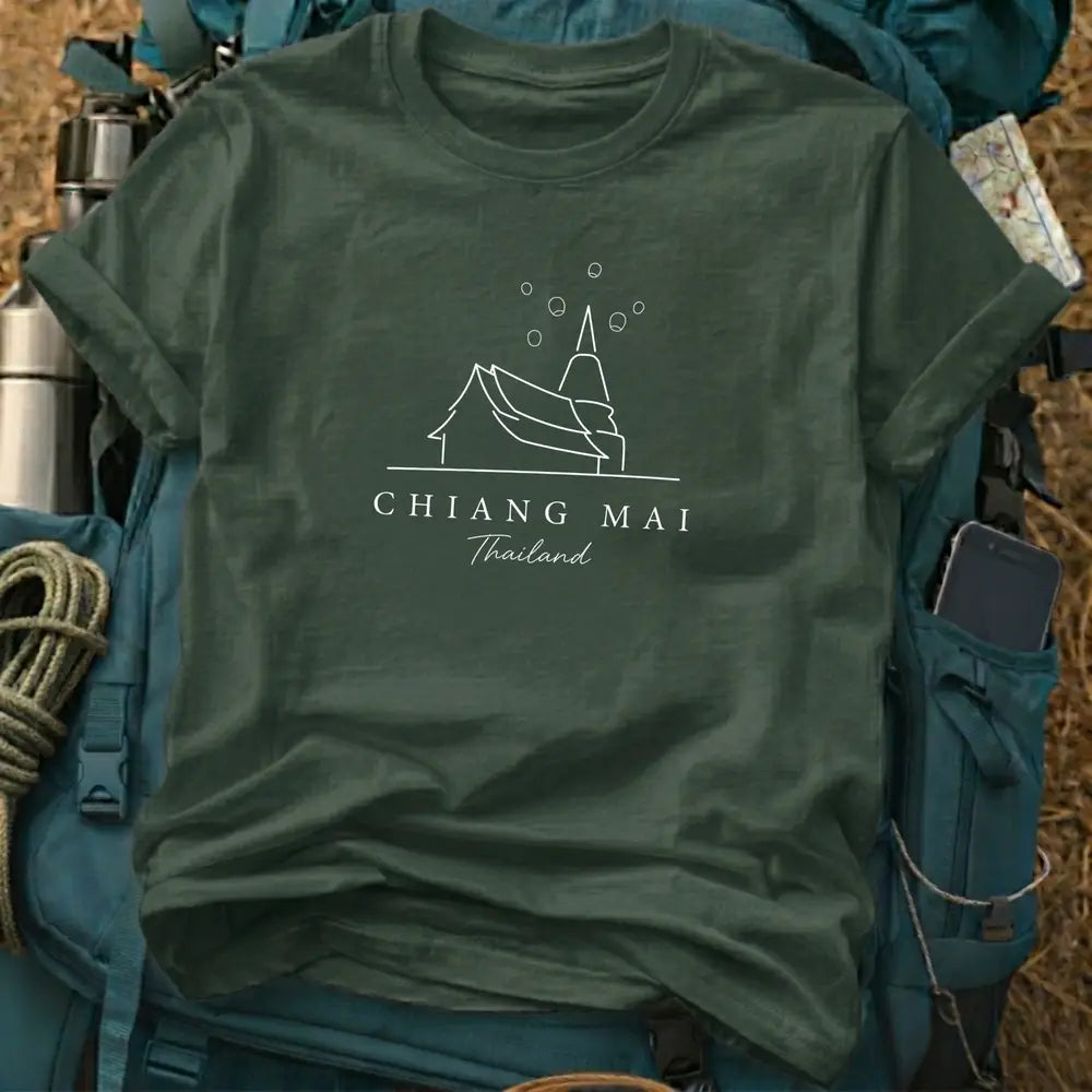 Chiang Mai Thailand T-Shirt – Minimalist Temple & Sky Lanterns Line Art Graphic Tee