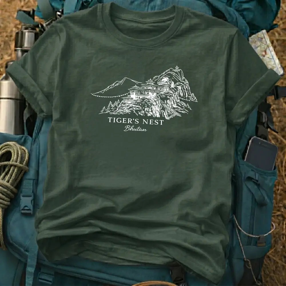 Bhutan T-Shirt – Tiger’s Nest Monastery Sketched Graphic Tee