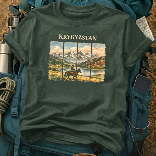 Kyrgyzstan Nomad Adventure Tee - Vintage Central Asia Mountain Graphic T-Shirt