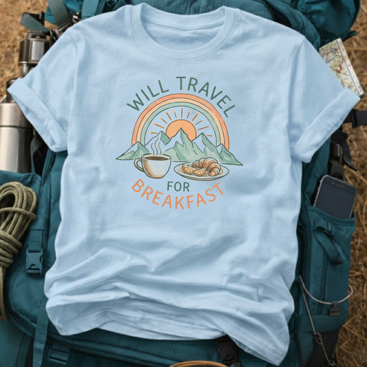 Will Travel For Breakfast - Retro Coffee & Croissant T-Shirt
