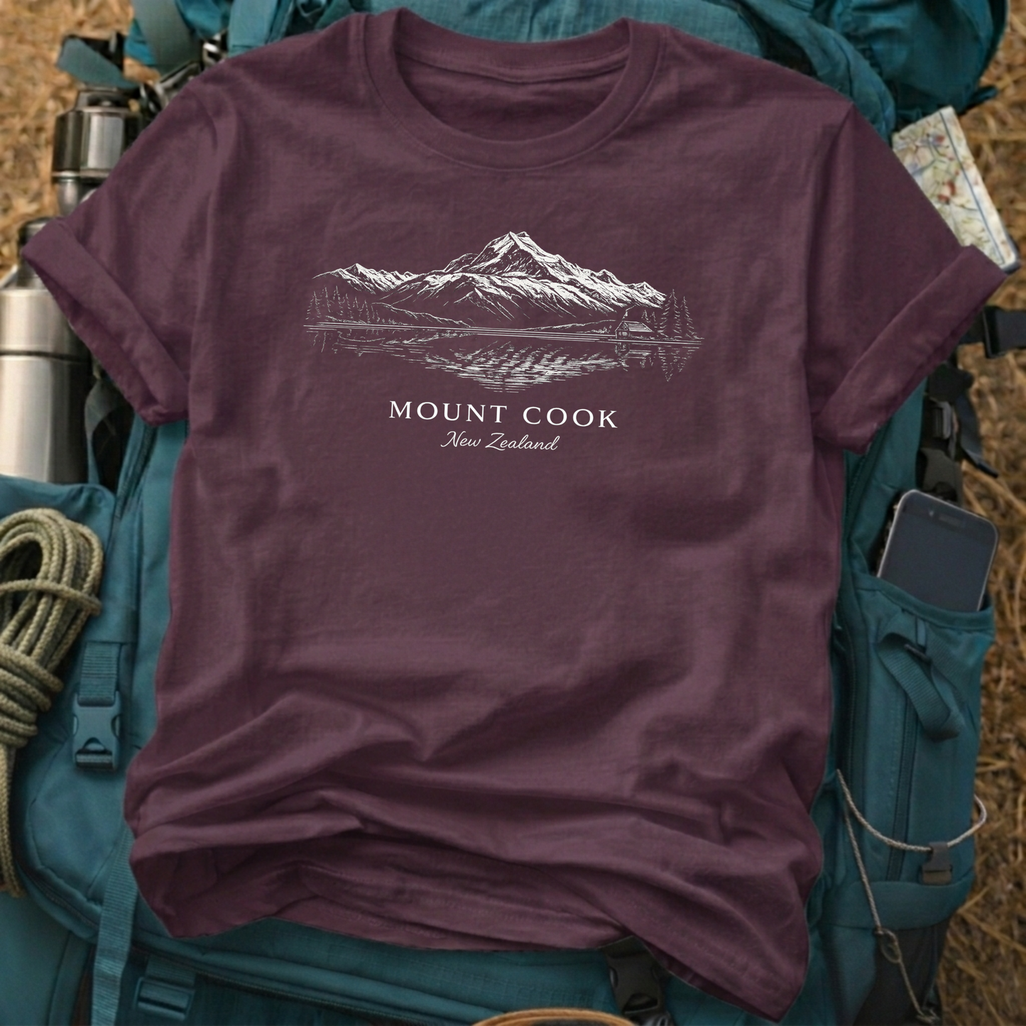 Mount Cook New Zealand Fine Line Landscape Tee - Aoraki Southern Alps T-Shirt
