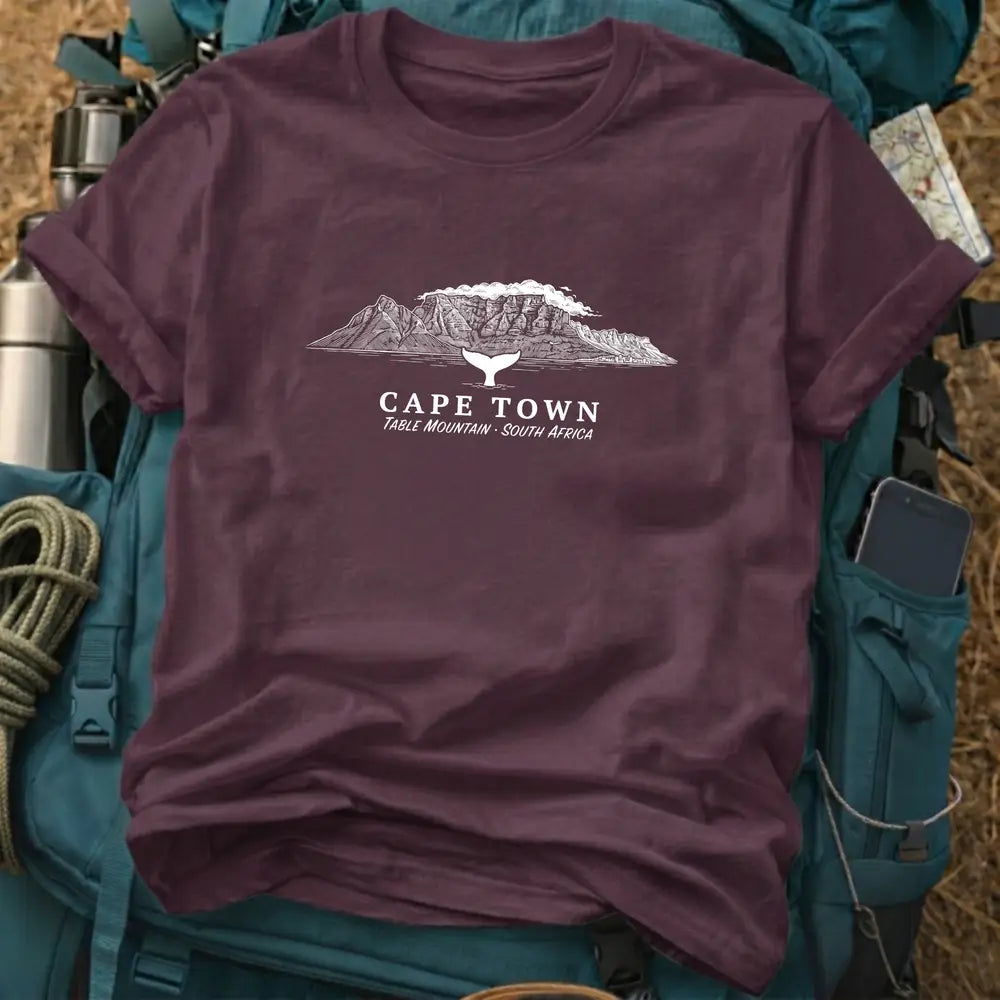 Cape Town South Africa T-Shirt – Retro Woodcut Table Mountain & Whale Graphic Tee