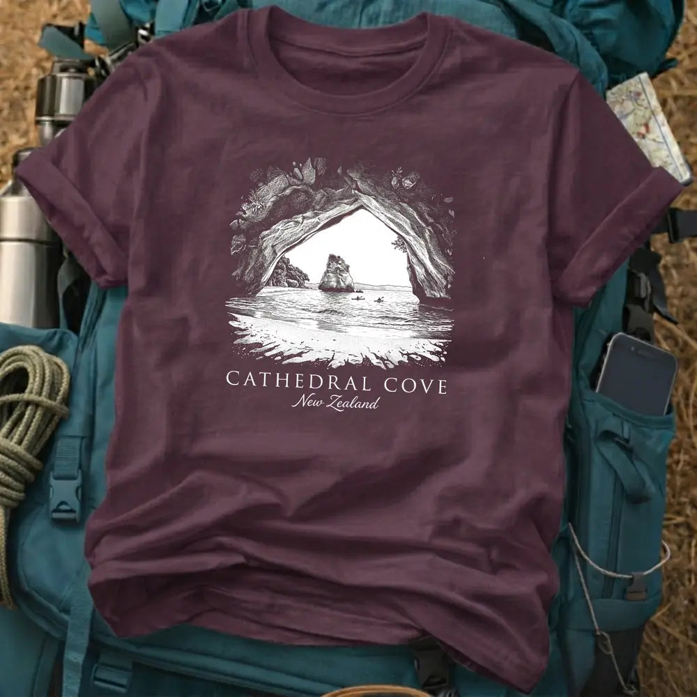 Cathedral Cove New Zealand Vintage Engraving T-Shirt – Travel Graphic Tee