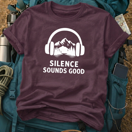"Silence Sounds Good" Mountain Headphones Tee - Introvert Hiker & Solo Travel T-Shirt
