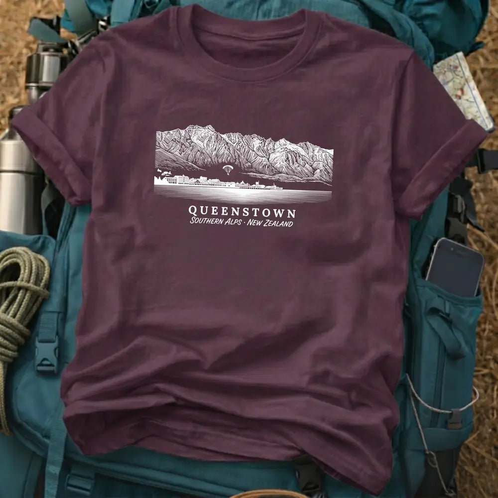 Queenstown New Zealand T-Shirt – Retro Woodcut The Remarkables Graphic Tee