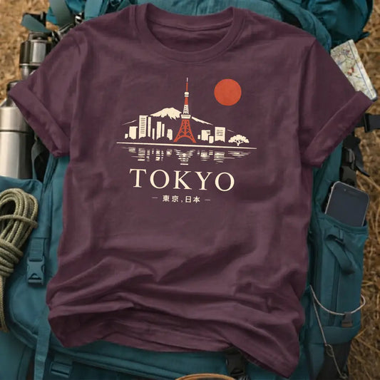 Maroon t-shirt with Tokyo design on a backpack