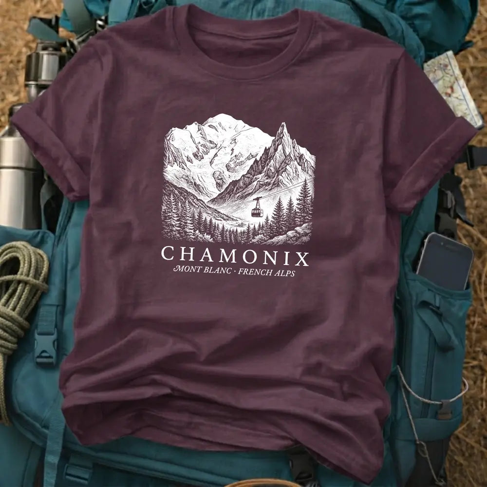 Chamonix France T-Shirt – Retro Woodcut Mont Blanc Cable Car Graphic Tee