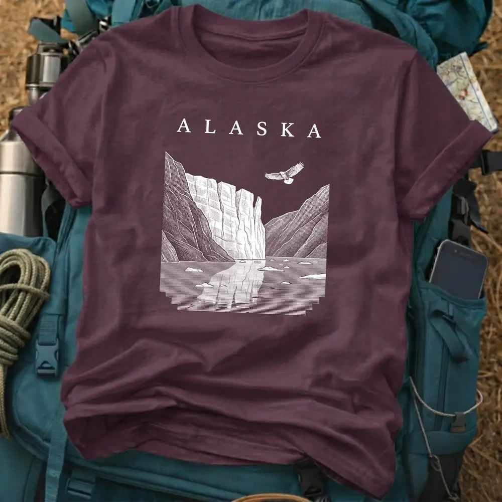 Alaska T-Shirt – Minimalist Glacier Fjord Woodcut Graphic Tee