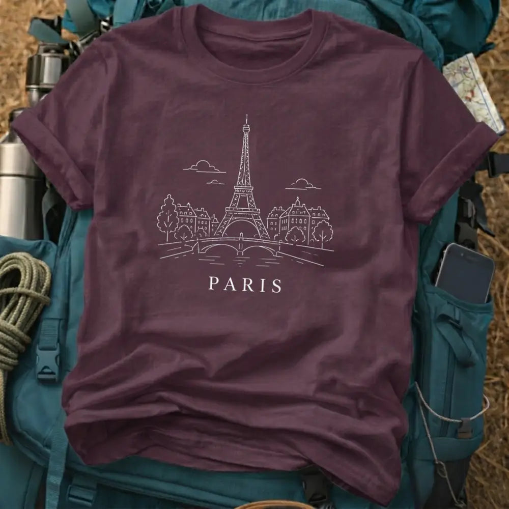 Paris France T-Shirt – Retro Fine Line Eiffel Tower & Seine Graphic Tee