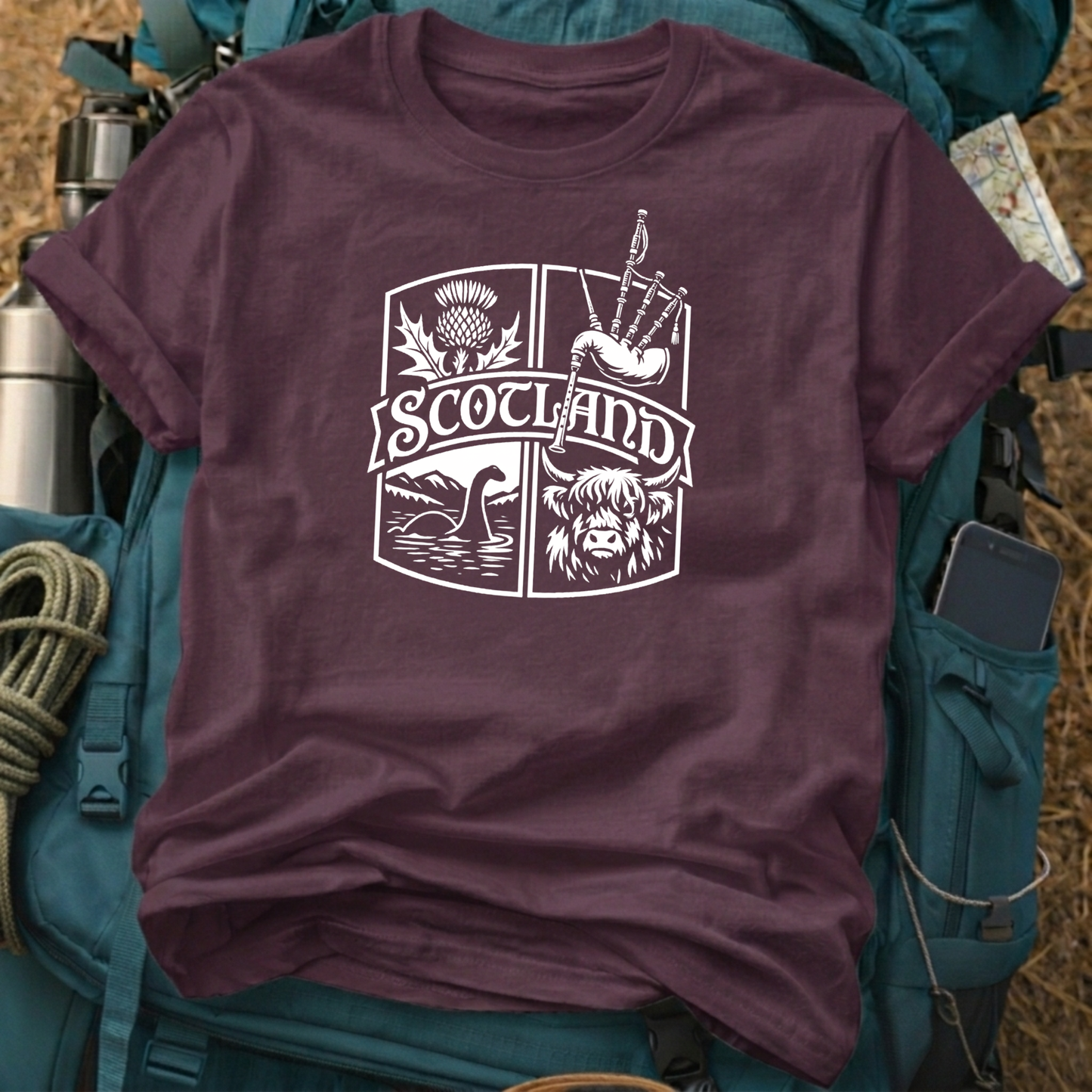 Scotland Heritage Crest Graphic Tee - Highland Cow, Nessie & Bagpipes T-Shirt