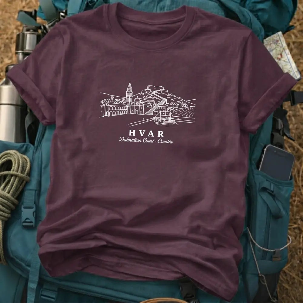 Hvar Croatia T-Shirt – Retro Fine Line Old Town & Harbor Graphic Tee