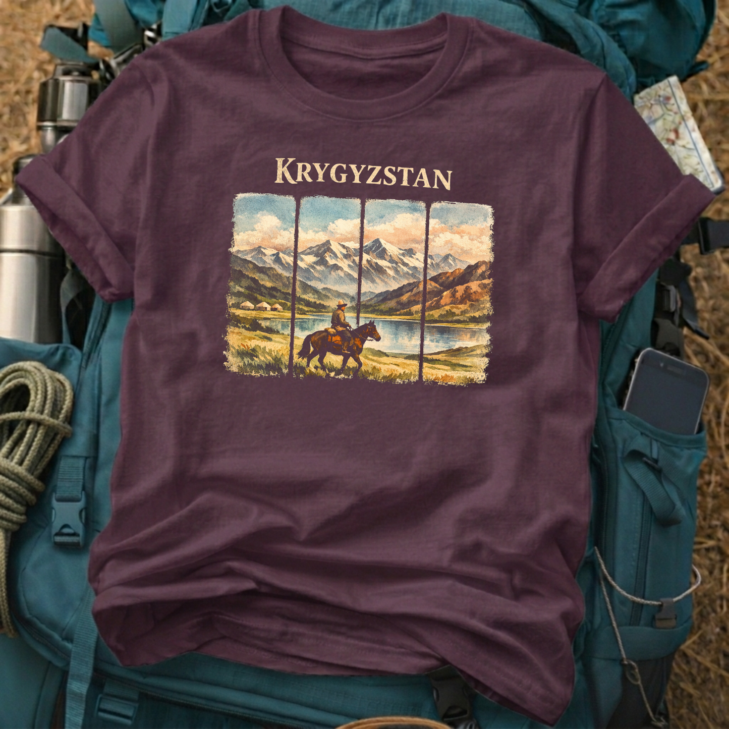 Kyrgyzstan Nomad Adventure Tee - Vintage Central Asia Mountain Graphic T-Shirt