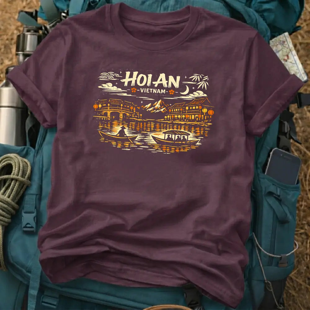 Hoi An Vietnam Graphic T-Shirt - Vintage Woodcut Lantern Festival Night Scene