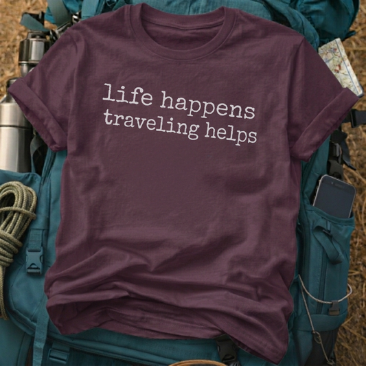 "Life Happens Traveling Helps" Graphic Tee - Minimalist Adventure T-Shirt