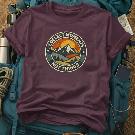 Collect Moments Not Things T-Shirt – Vintage Mountain Badge Graphic Tee