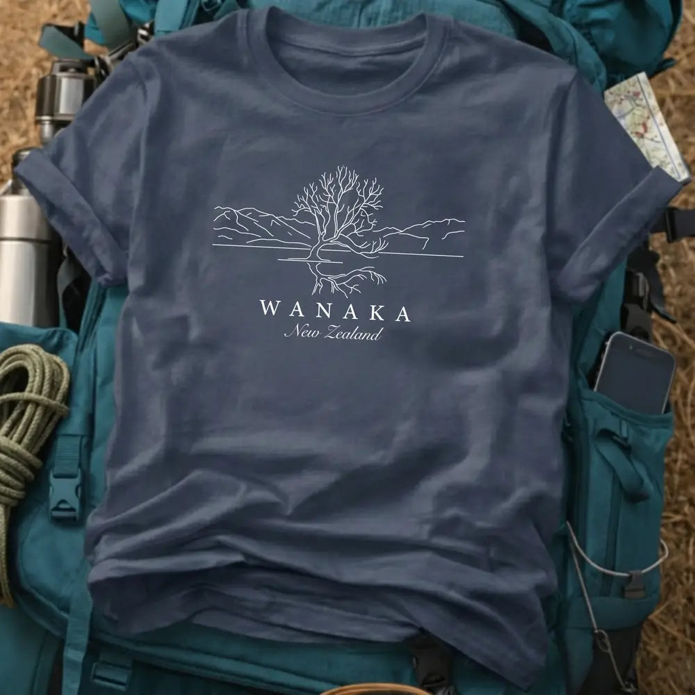 Wanaka New Zealand T-Shirt – Minimalist Lake Tree Line Art Graphic Tee