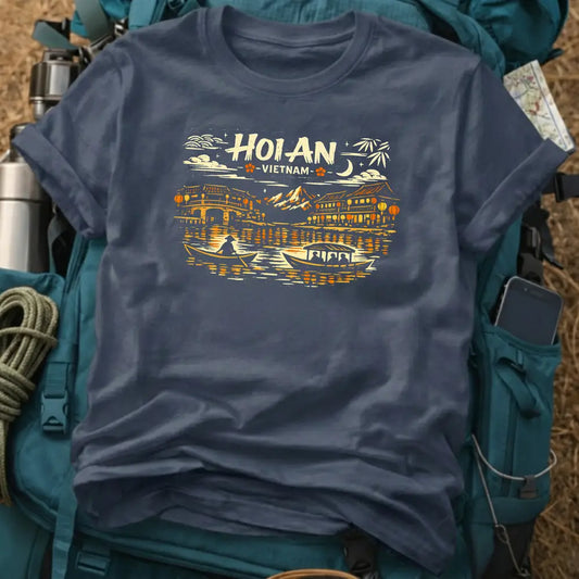 Hoi An Vietnam Graphic T-Shirt - Vintage Woodcut Lantern Festival Night Scene