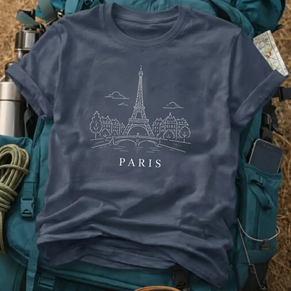 Paris France T-Shirt – Retro Fine Line Eiffel Tower & Seine Graphic Tee