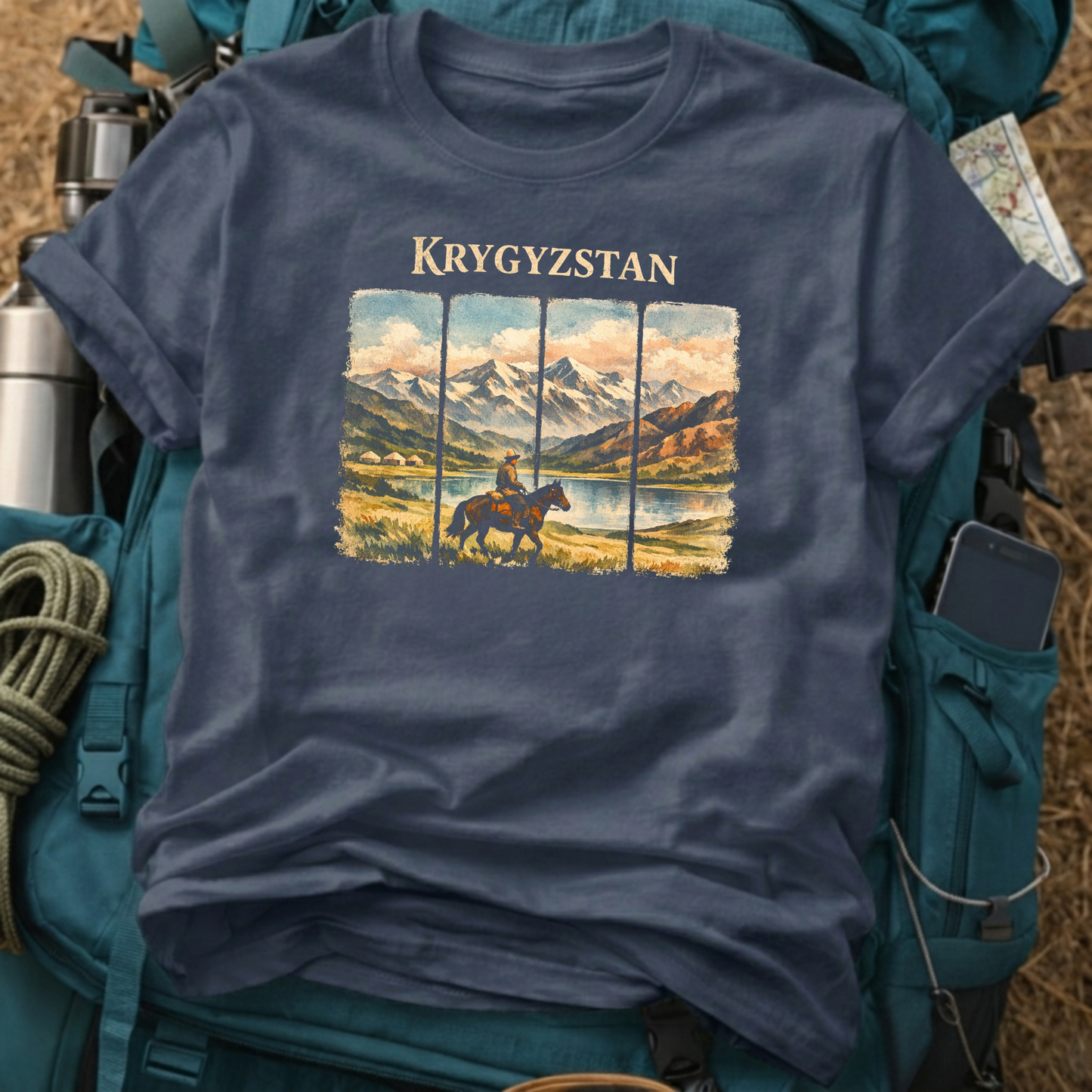 Kyrgyzstan Nomad Adventure Tee - Vintage Central Asia Mountain Graphic T-Shirt