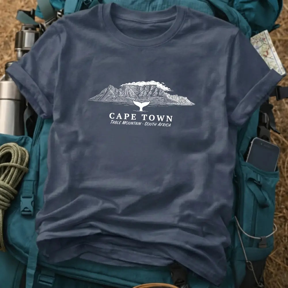 Cape Town South Africa T-Shirt – Retro Woodcut Table Mountain & Whale Graphic Tee