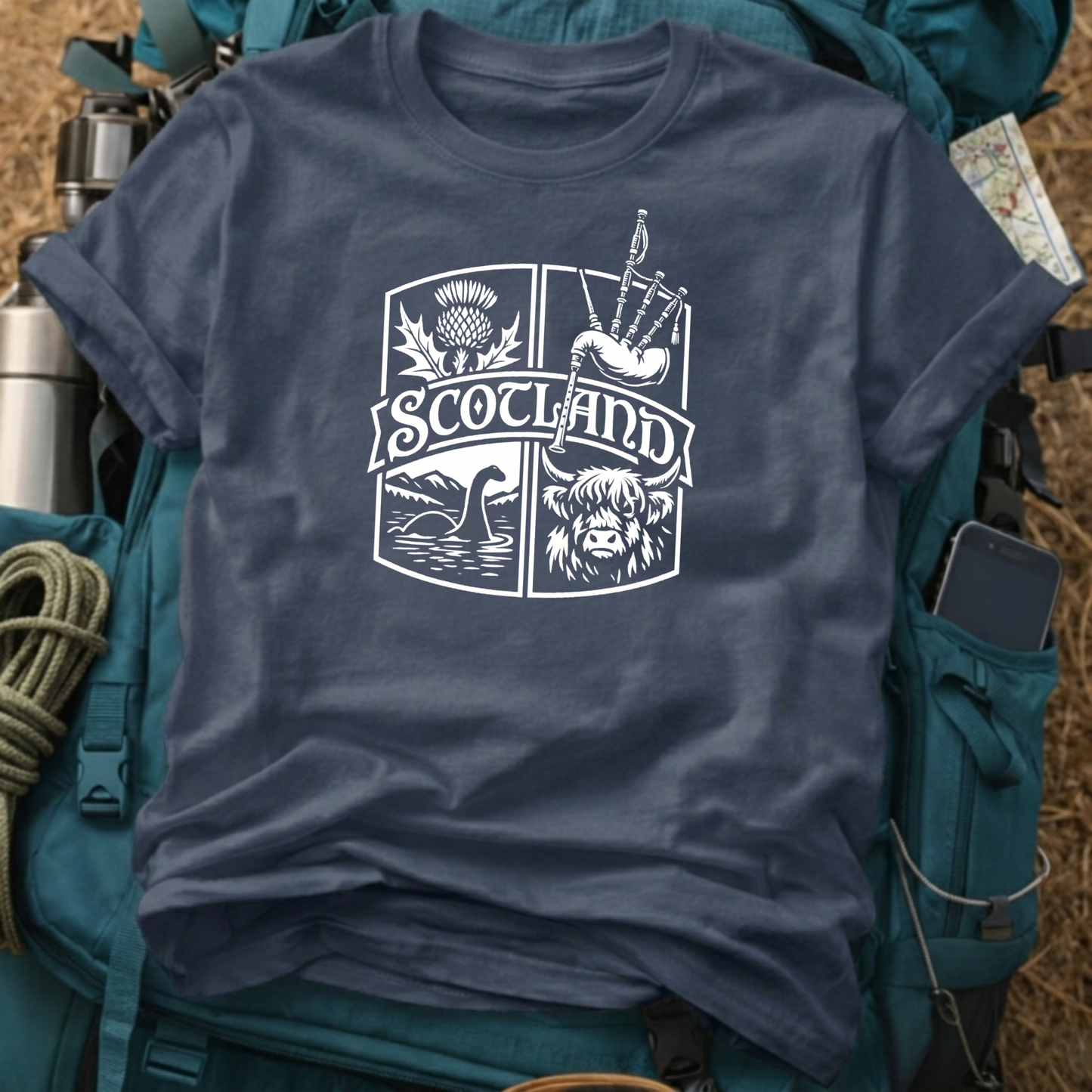 Scotland Heritage Crest Graphic Tee - Highland Cow, Nessie & Bagpipes T-Shirt