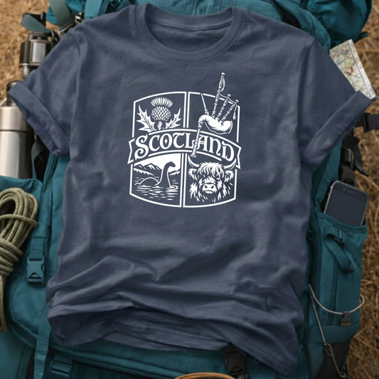 Scotland Heritage Crest Graphic Tee - Highland Cow, Nessie & Bagpipes T-Shirt