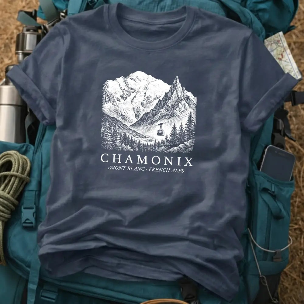 Chamonix France T-Shirt – Retro Woodcut Mont Blanc Cable Car Graphic Tee