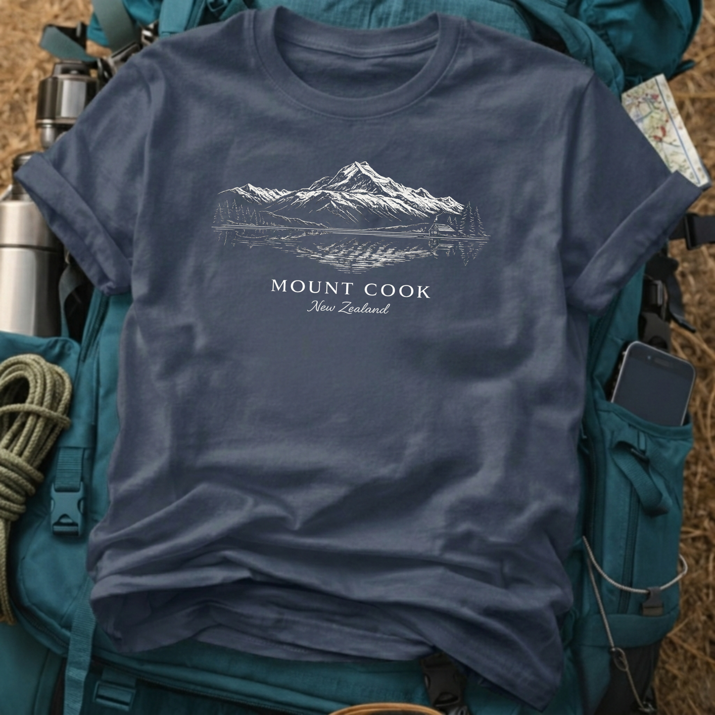 Mount Cook New Zealand Fine Line Landscape Tee - Aoraki Southern Alps T-Shirt