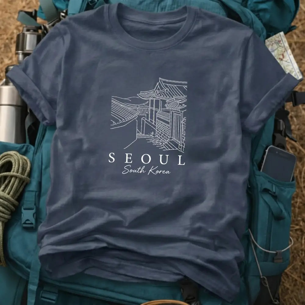 Seoul South Korea T-Shirt – Minimalist Hanok Village Line Art Graphic Tee