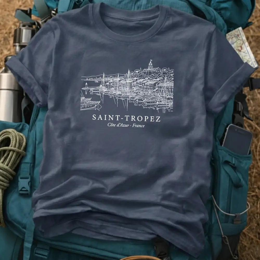 Saint-Tropez France Travel T-Shirt - Côte d'Azur Yacht Harbor Heavyweight Cotton Tee