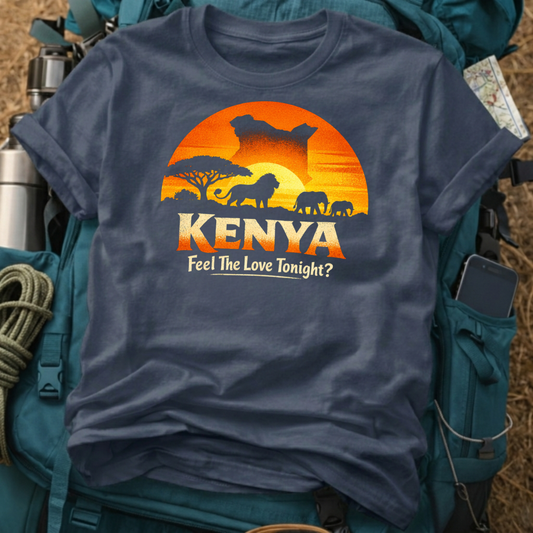 Kenya Safari Graphic Tee - Retro African Sunset Lion & Elephant T-Shirt