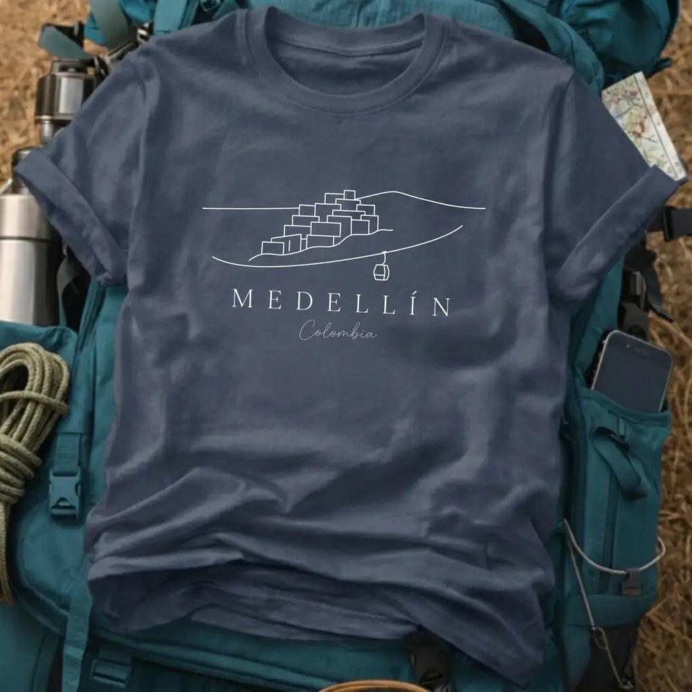 Medellín Colombia T-Shirt – Minimalist Comuna & Metrocable Line Art Graphic Tee