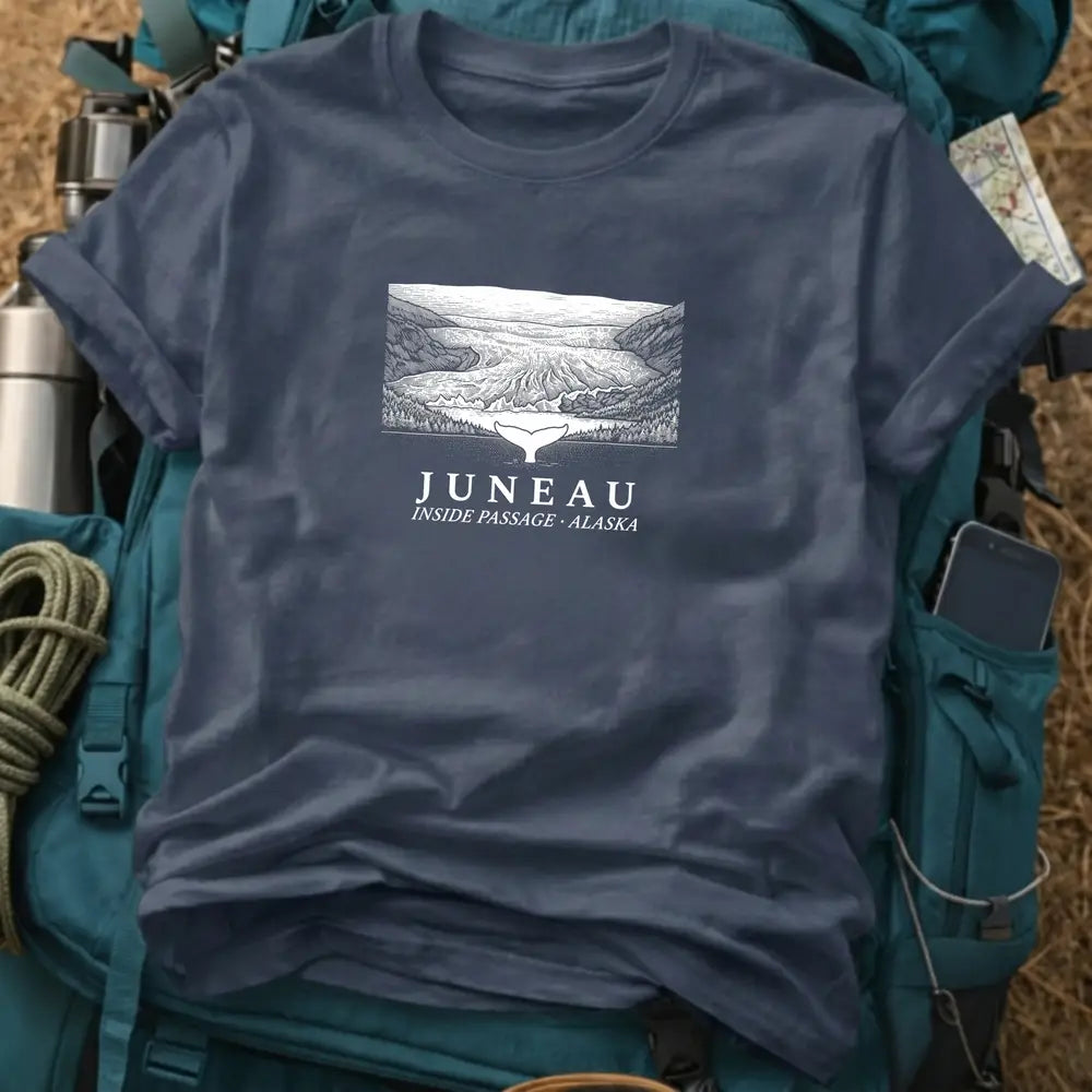 Juneau Alaska T-Shirt – Retro Engraving Mendenhall Glacier & Whale Graphic Tee
