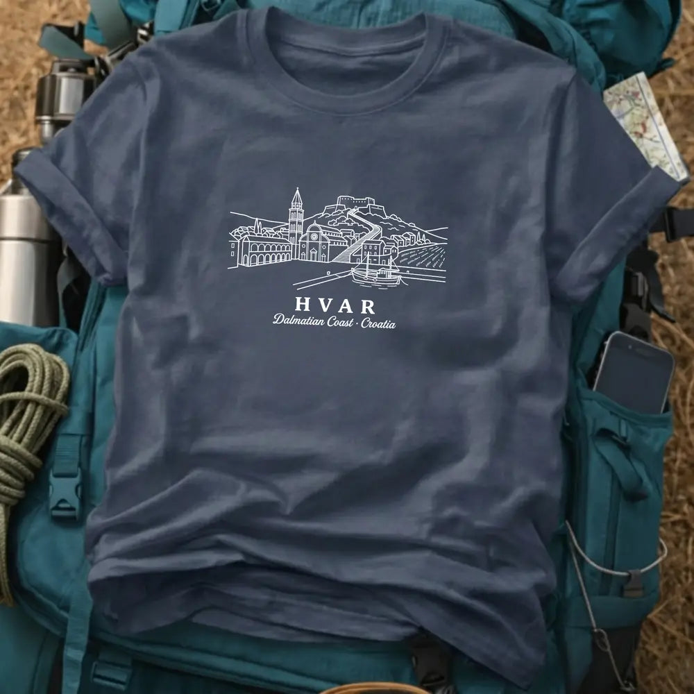Hvar Croatia T-Shirt – Retro Fine Line Old Town & Harbor Graphic Tee