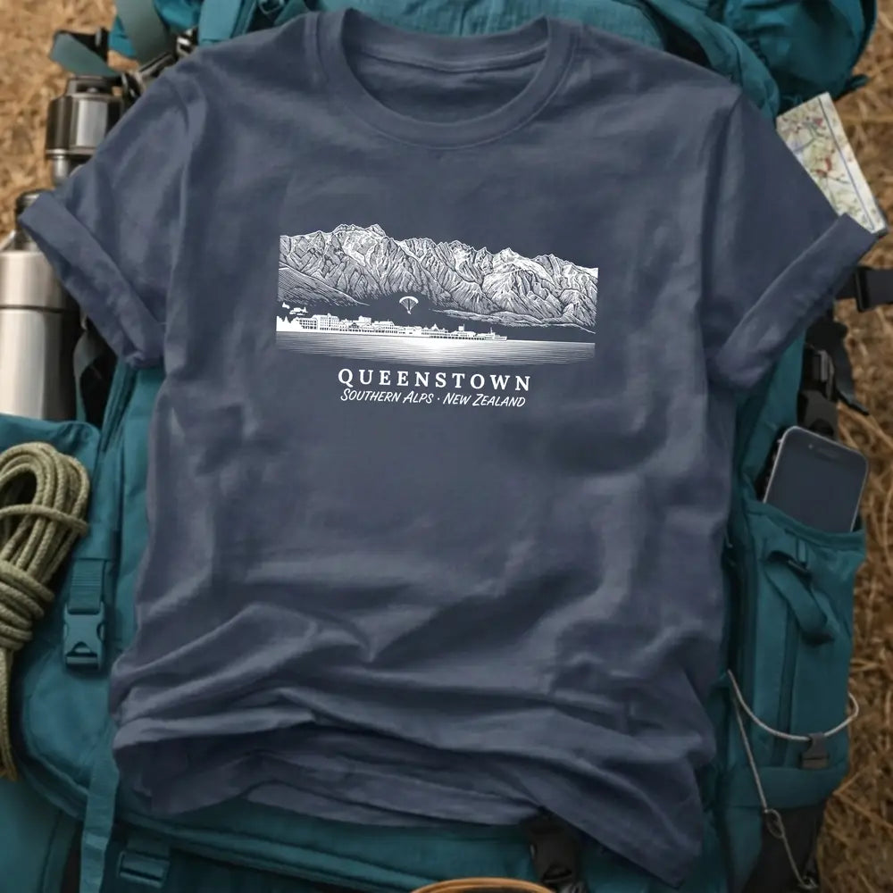 Queenstown New Zealand T-Shirt – Retro Woodcut The Remarkables Graphic Tee