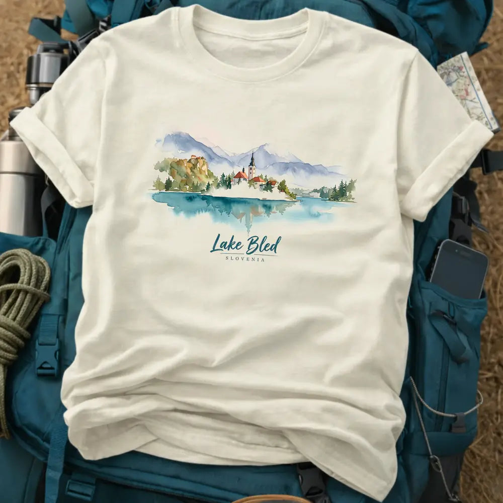 Lake Bled Slovenia T-Shirt – Retro Watercolor Landscape Graphic Tee