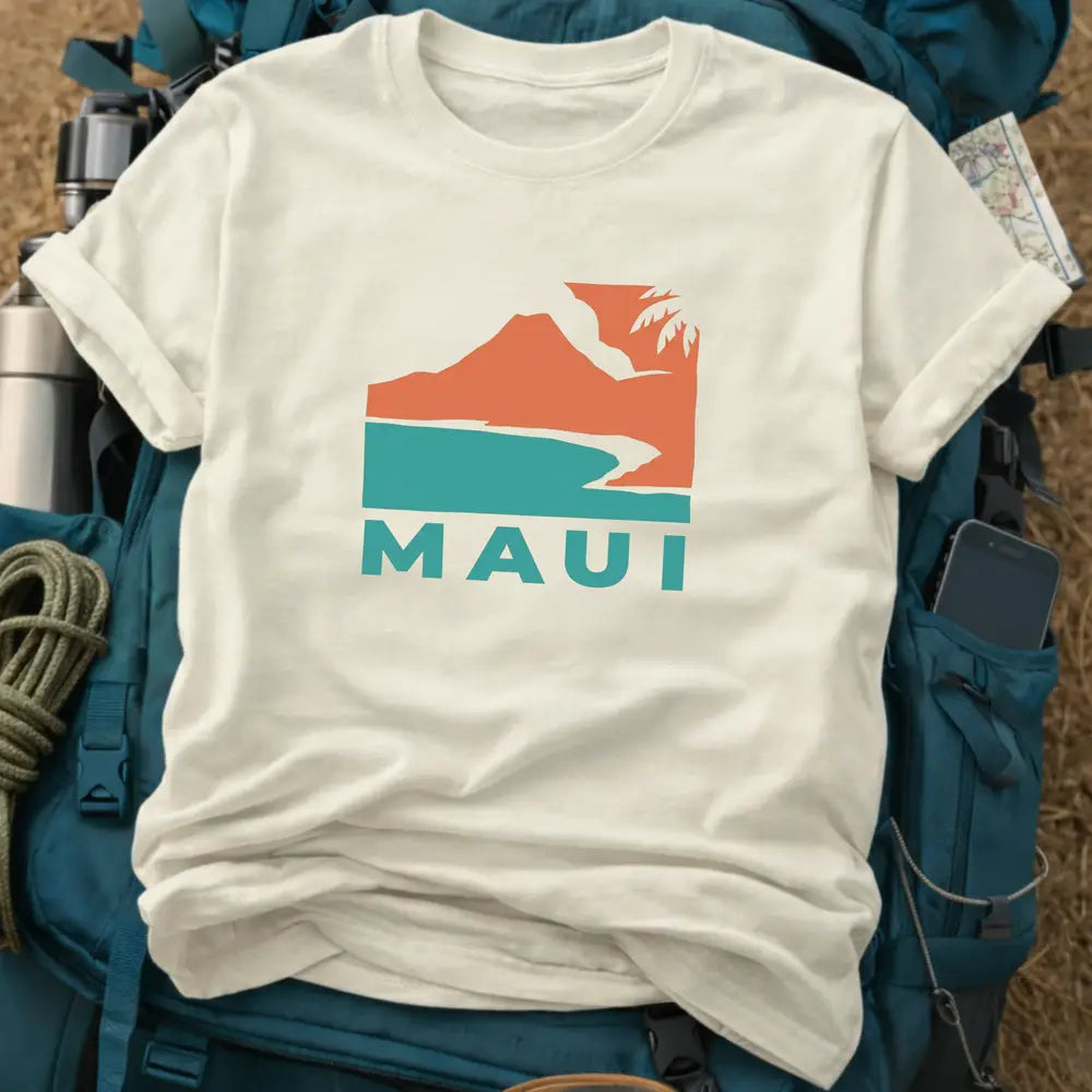 Maui Hawaii T-Shirt – Retro Geometric Volcano & Palm Coast Graphic Tee