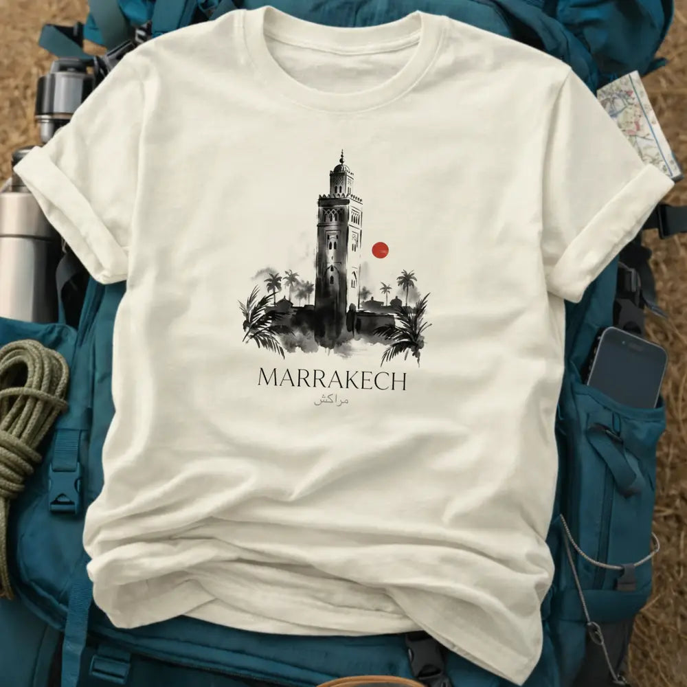 Marrakech Morocco T-Shirt – Retro Watercolor Koutoubia Mosque Graphic Tee